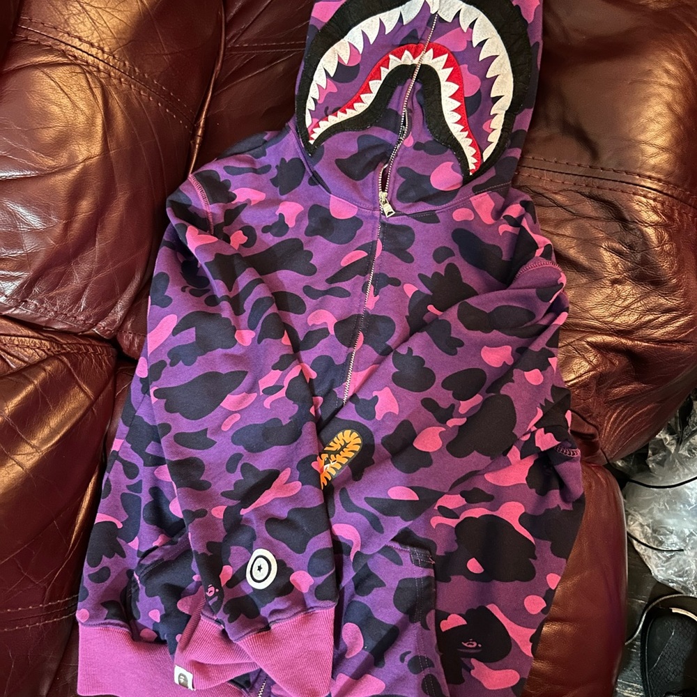 A Bathing Ape Purple PONR Camo Shark Zip Up Hoodie
